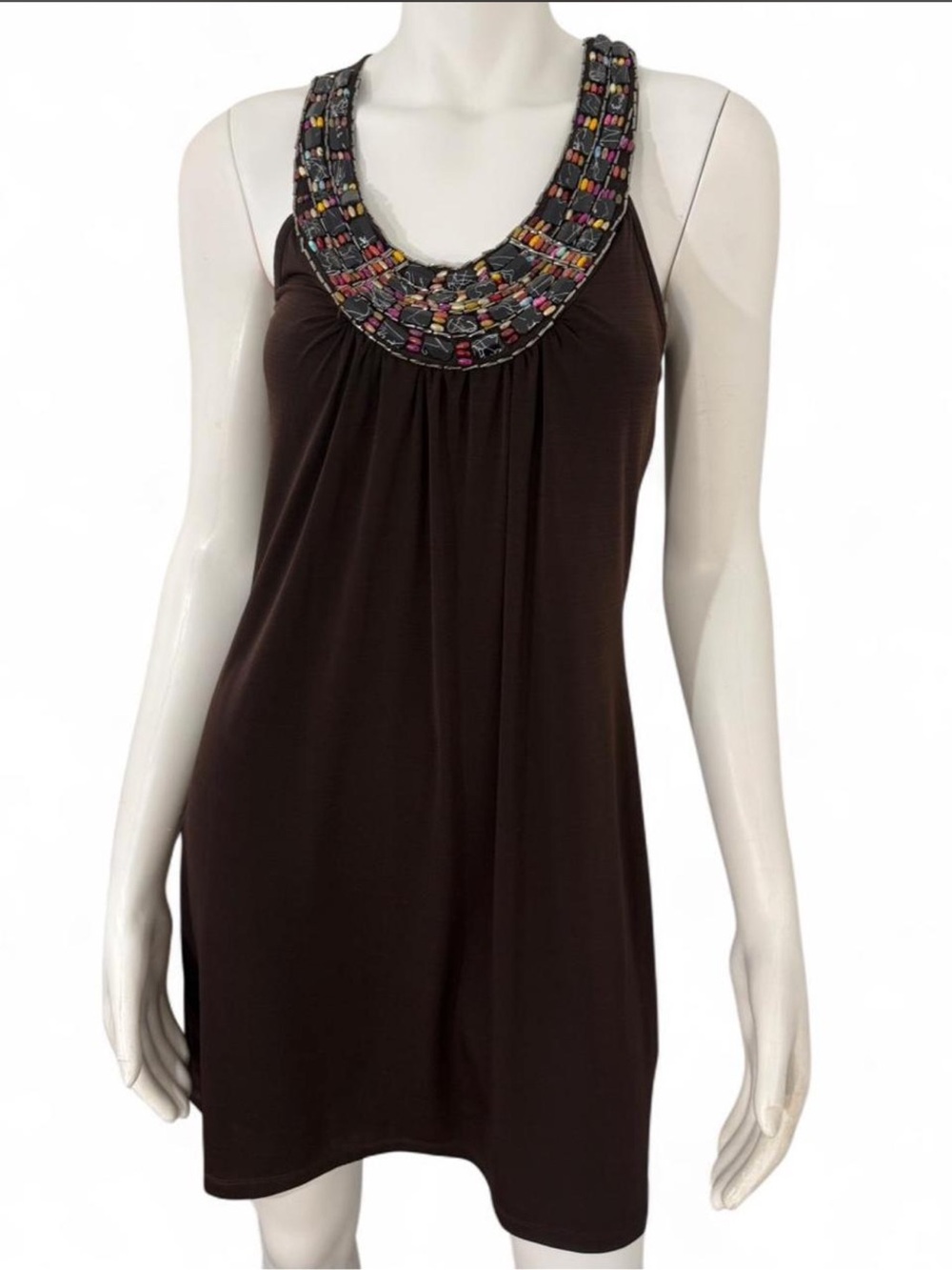 BCX Brown Beaded Halter Mini Dress - Boho Resort Coquette Festival Core‎